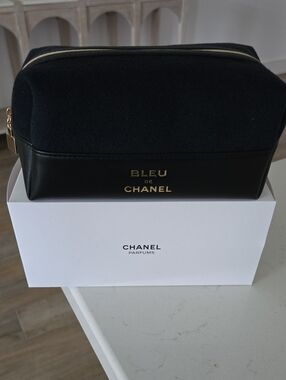 New In Box CHANEL Pouch Bag Bleu de Chanel Gold-Logo Cosmetic Case W/ Charm